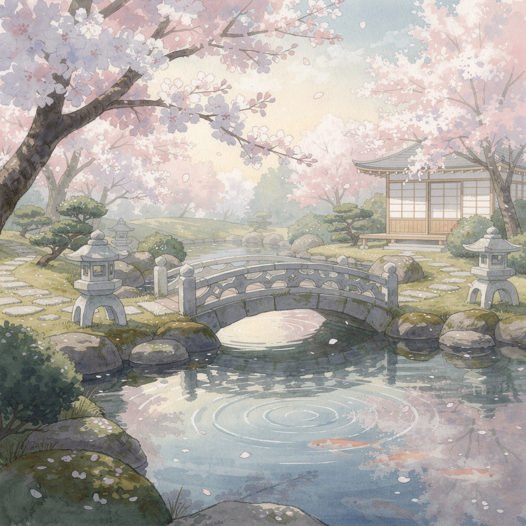 Японский сад весной, цветущая сакура, акварель